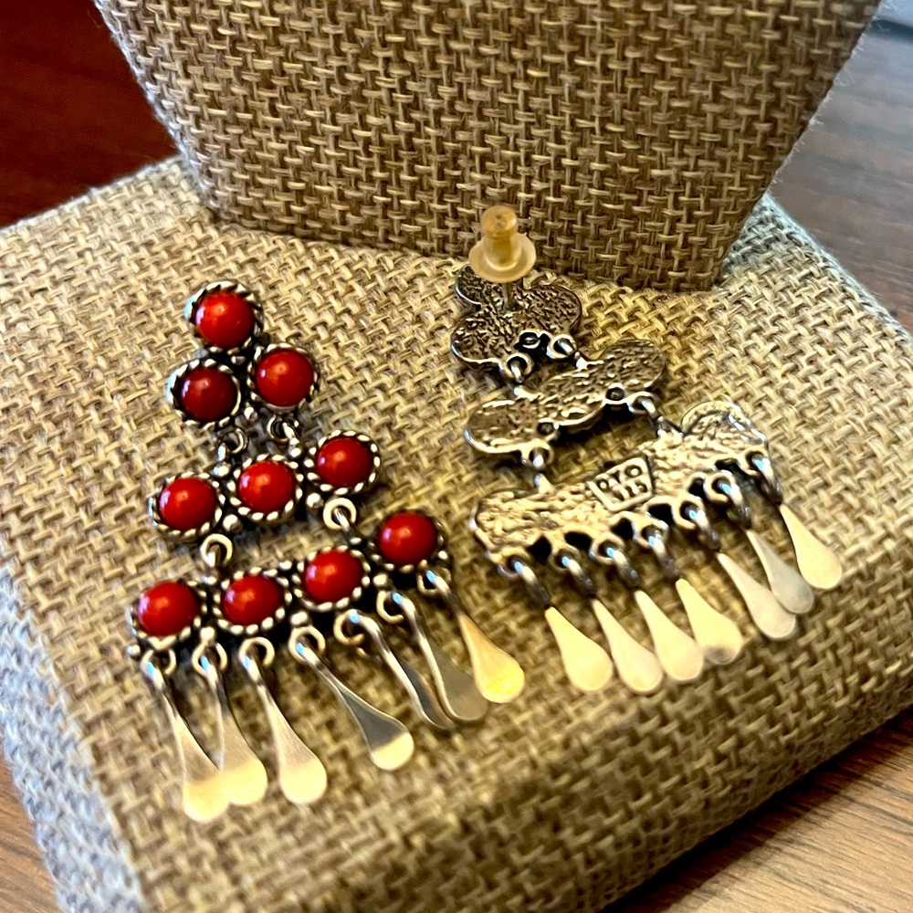 Red coral chandelier earrings in sterling silver